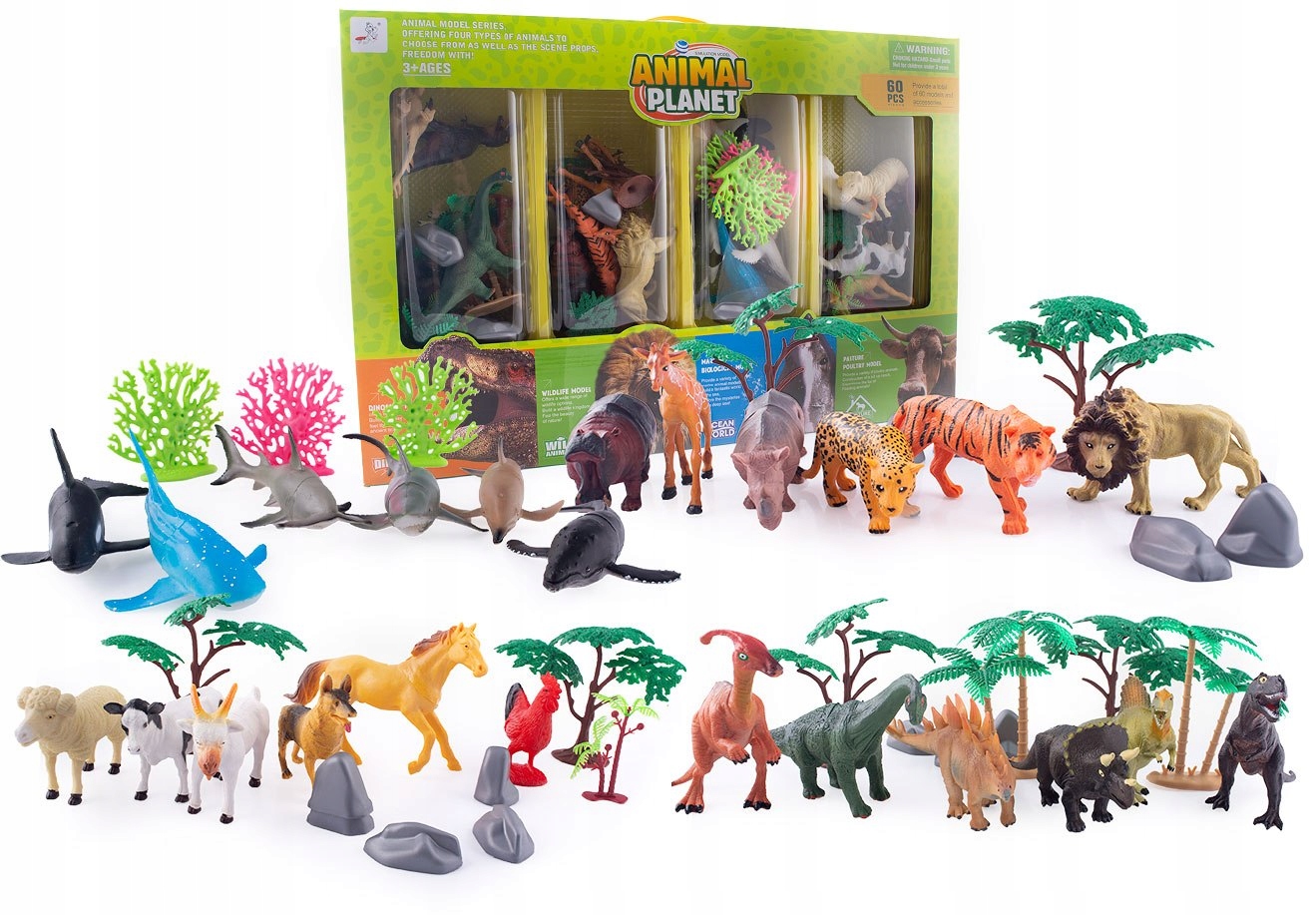 VEĽKÁ SADA GUMOVÝCH ZVIERATKOV 60 KUSOV DOMÁCI DINOSAURI MORSKÉ SAFARI
